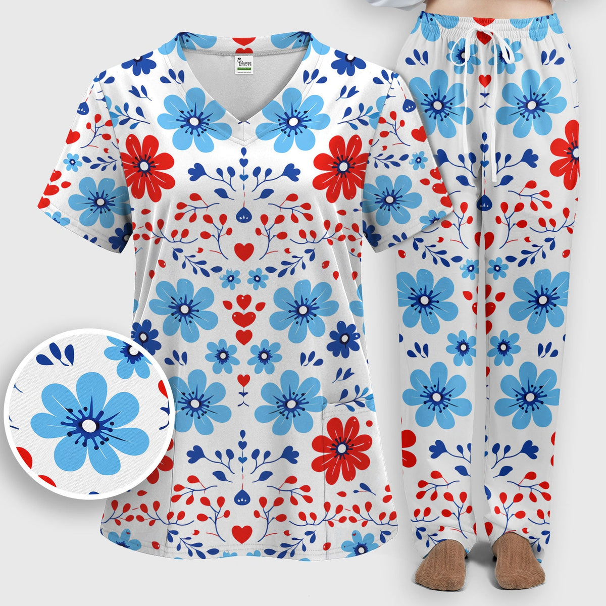 Symmetrical Folk Floral Heart Nurse Scrub Set