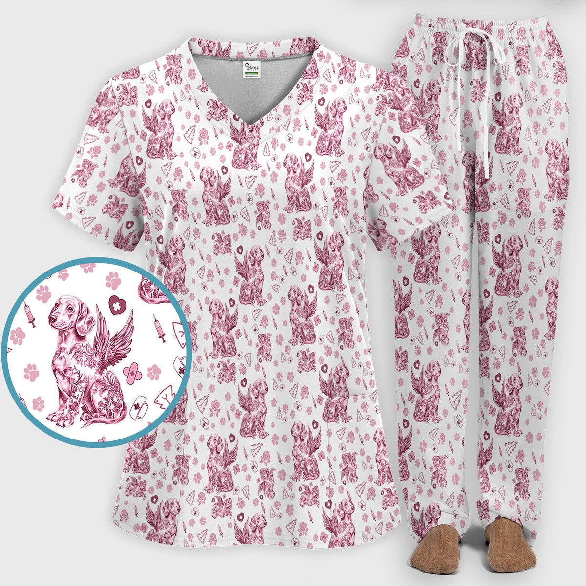 Toile De Jouy Dachshund Angel Nurse Scrub Set