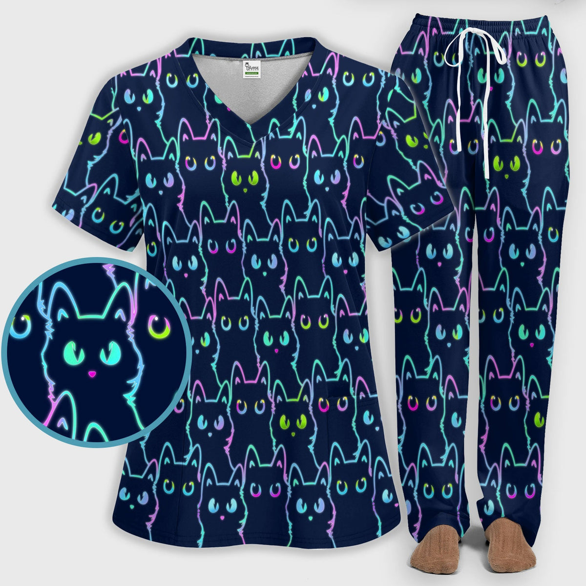 Neon Cat Pattern Scrub Set, Black Cat Scrub Shirt, Breathable Fabrics Nursing Uniform
