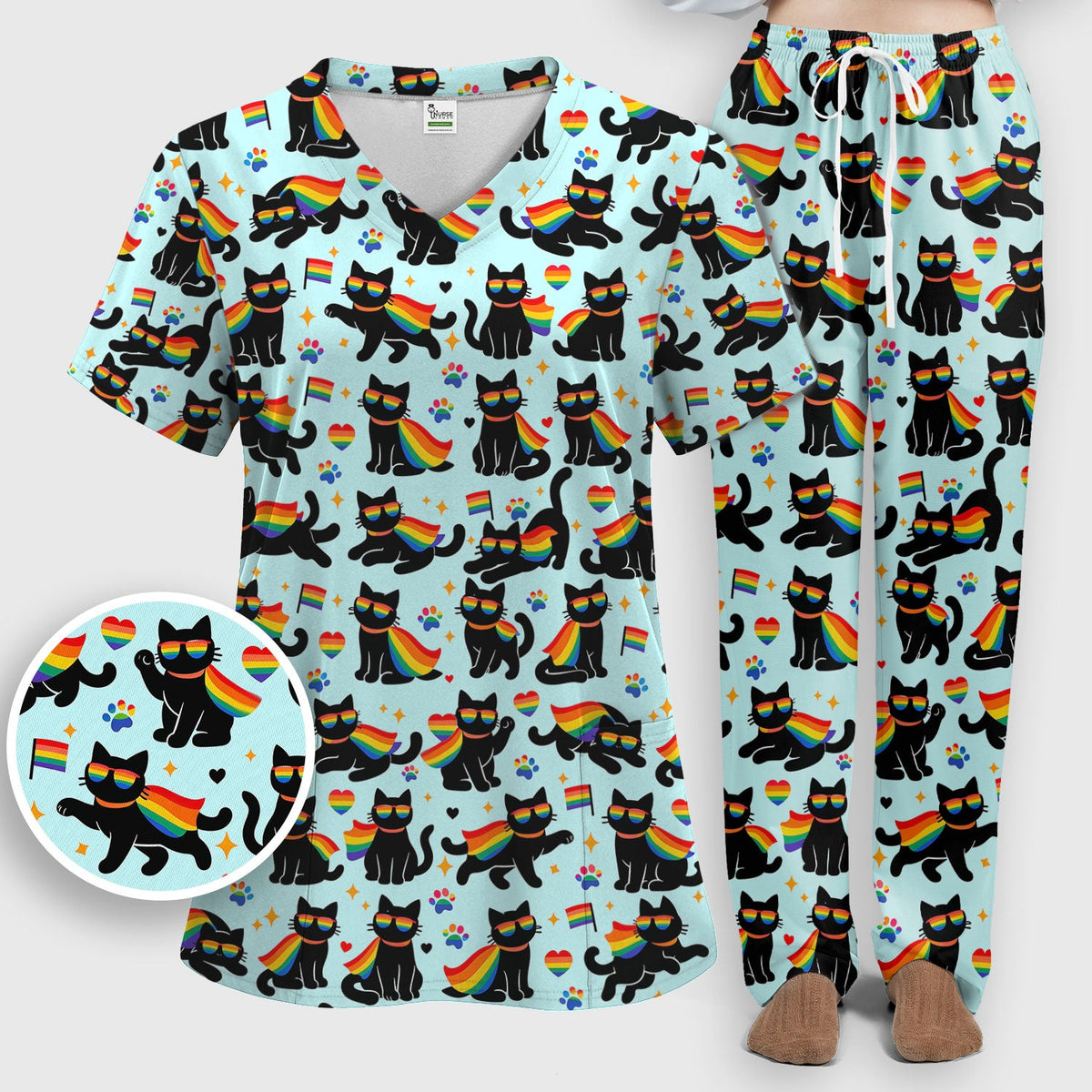 Rainbow Black Cat Pride Pattern Scrub Set, Breathable Med Uniform