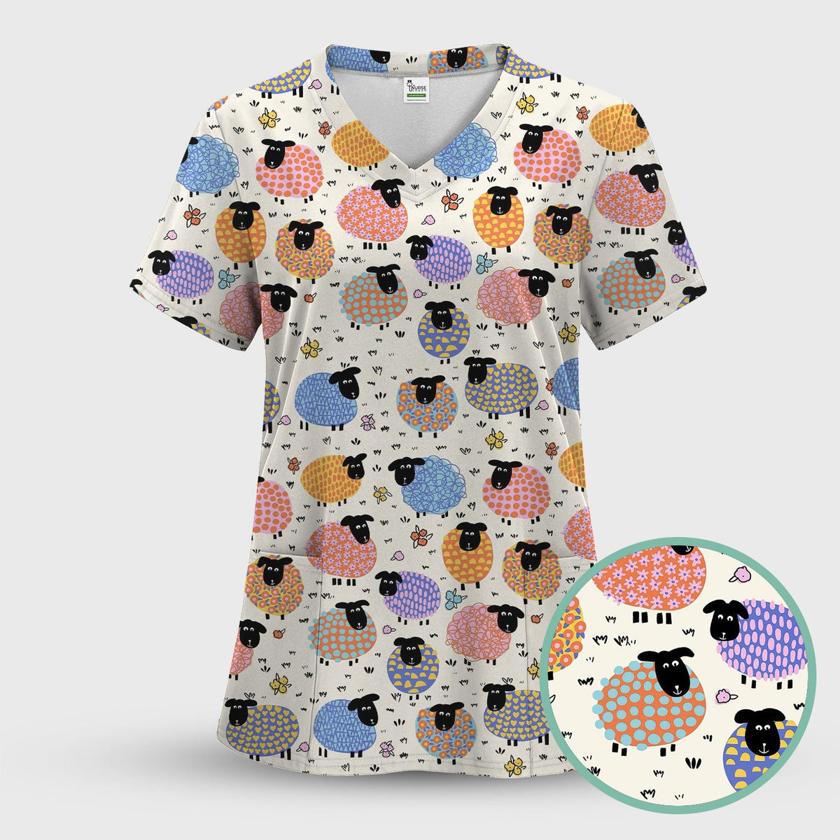 Adorable Colorful Sheep Nurse Scrub Top