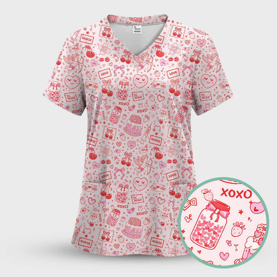 Valentine Pink XOXO Nurse Scrub Top