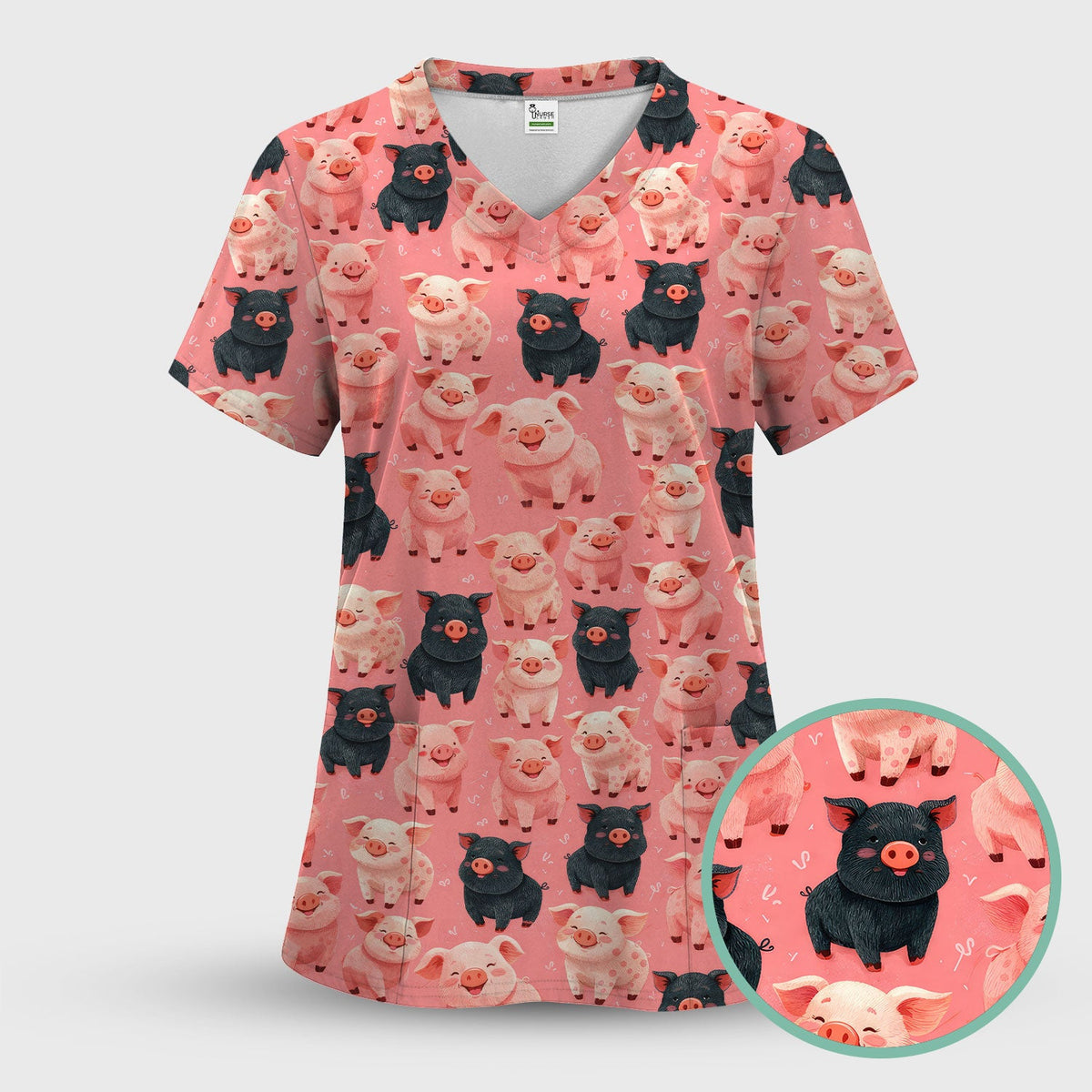 Cartoon Pig Nurse Scrub Top