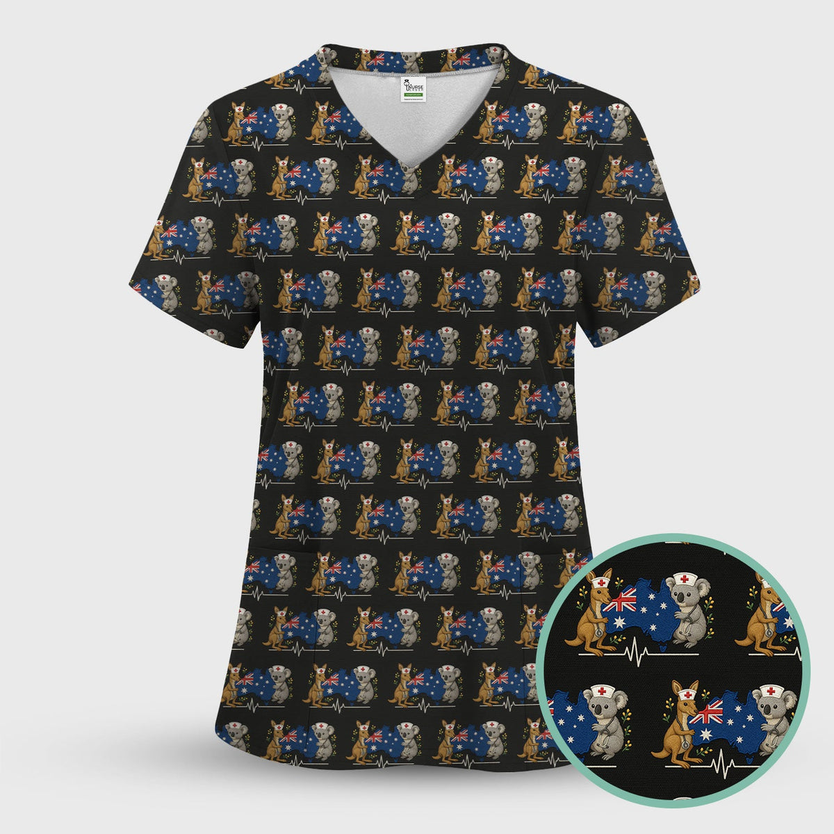 Australian Nurse Scrub Set, Cute Koala Kangaroo Heartbeat Pattern Shirt,  Breathable Fabrics Nursing Uniform