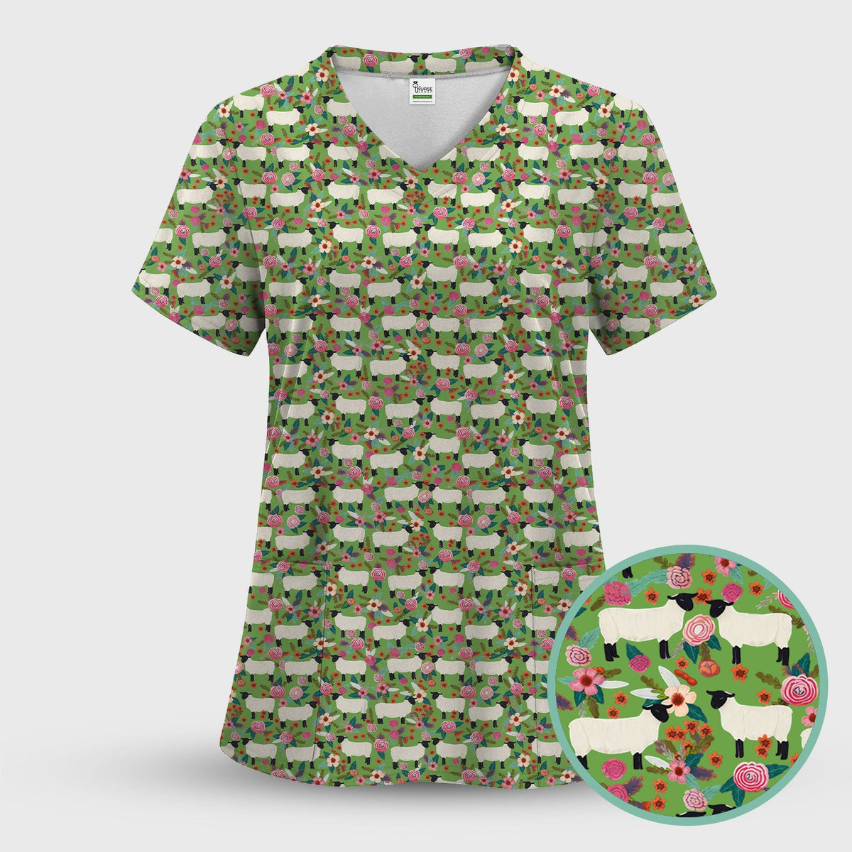 Sheep Floral Meadow Nurse Scrub Top