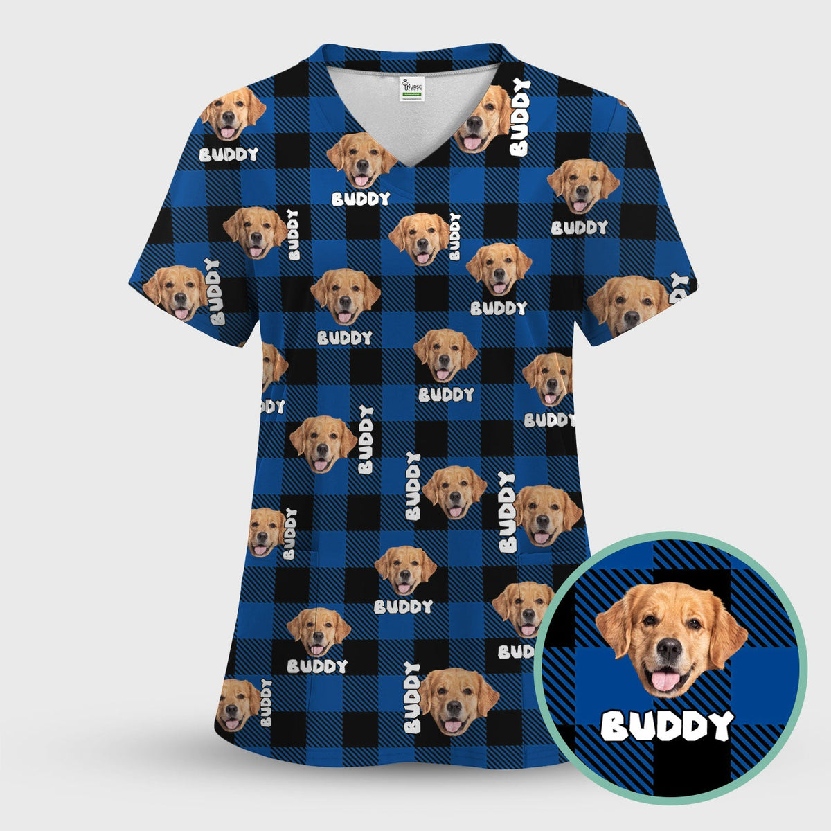 Custom Dog Face Scrub Top, Personalized Pet Photo Checkered Pattern Shirt, Custom Name Vet Tech Gift For Nursing