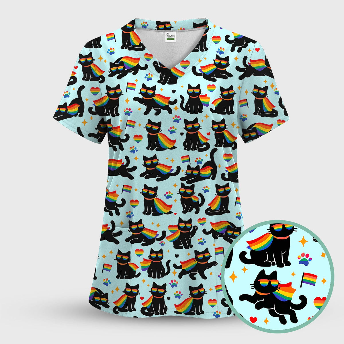Rainbow Black Cat Pride Nurse Scrub Top