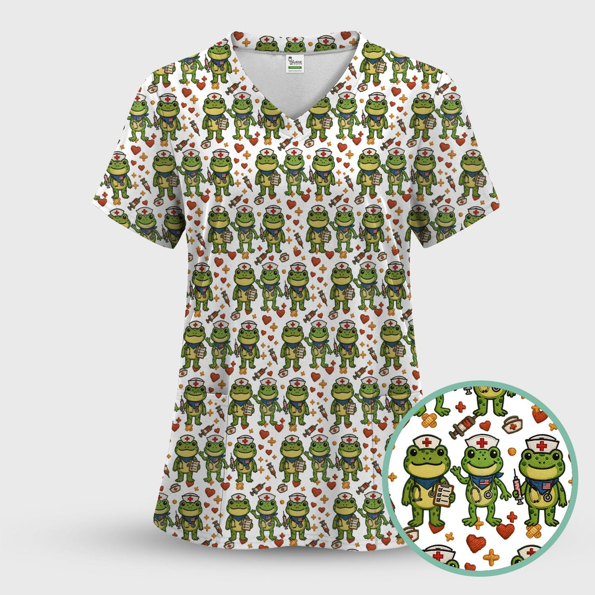 Frog Pattern Scrub Top, Cute Frog Scrub Shirt, Breathable Fabrics Nursing Uniform