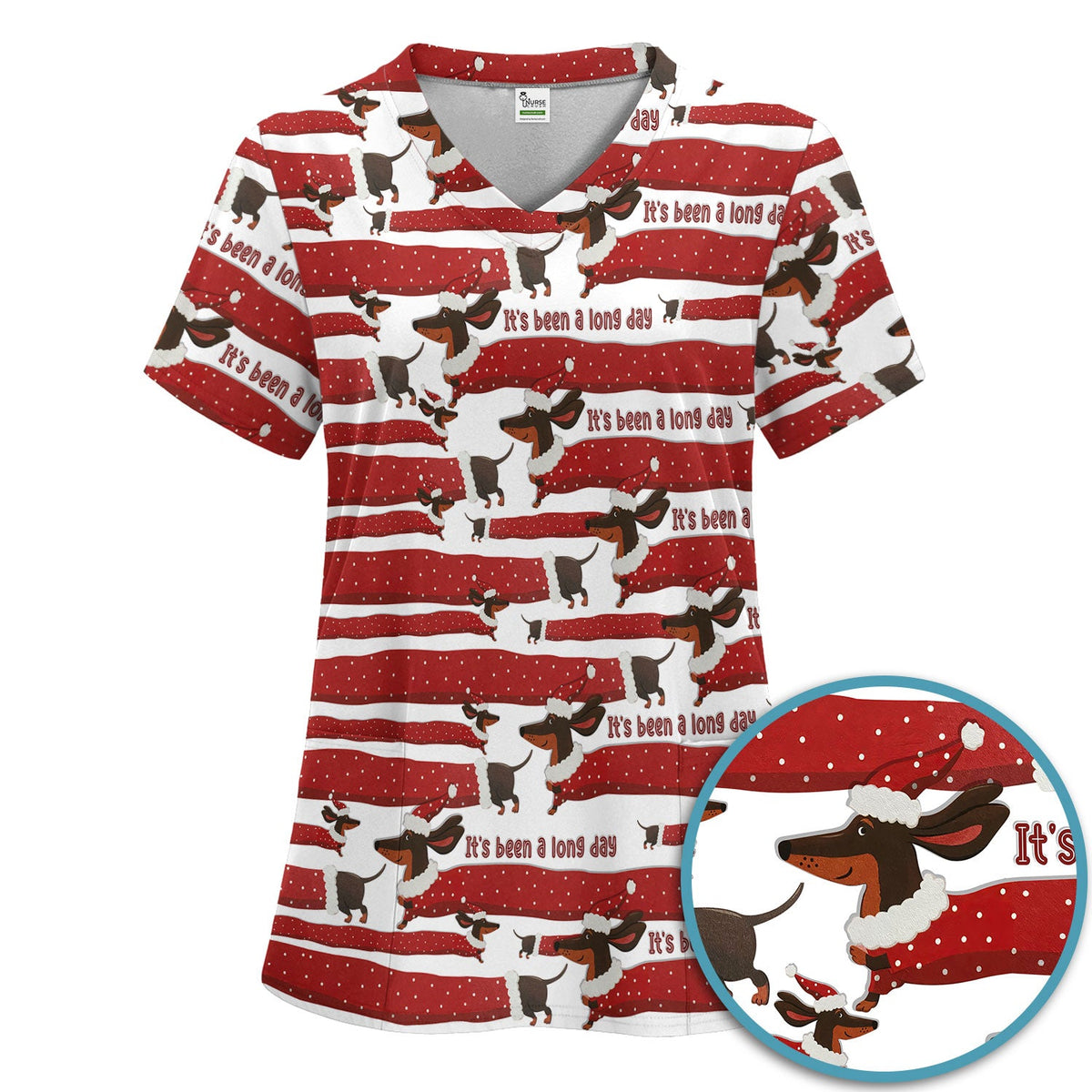 Funny Dachshund Christmas Scrub Set - It's Been a Long Day - Cute Wiener Dog Scrubs Pants and V Neck Top - Medical Uniform for Women