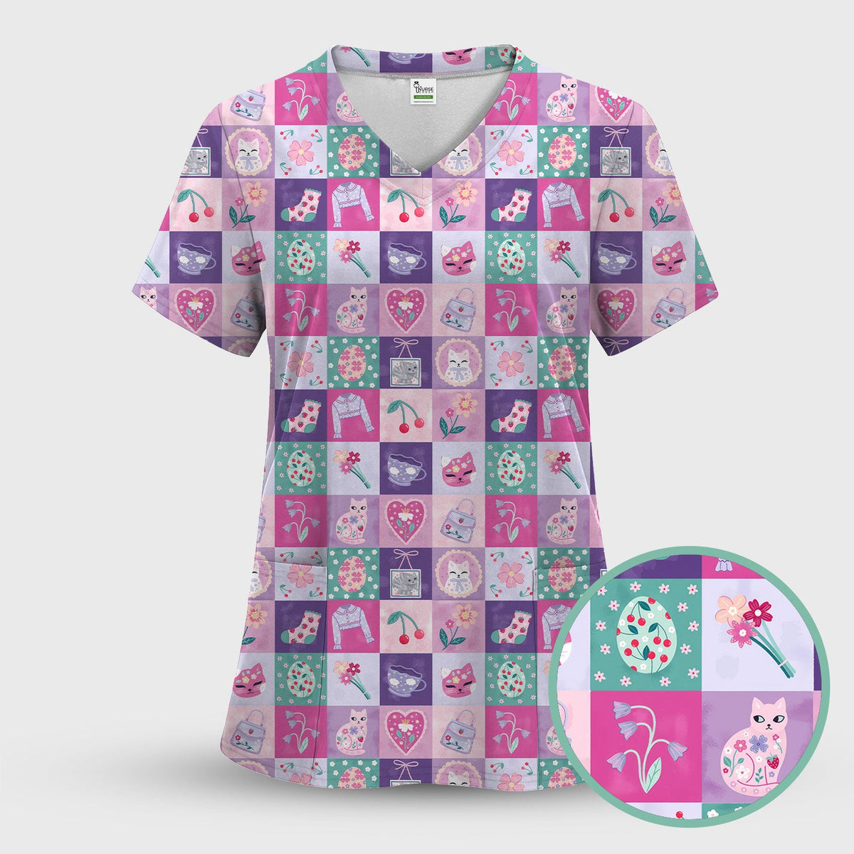Pastel Cat Patchwork Kawaii Nurse Scrub Set