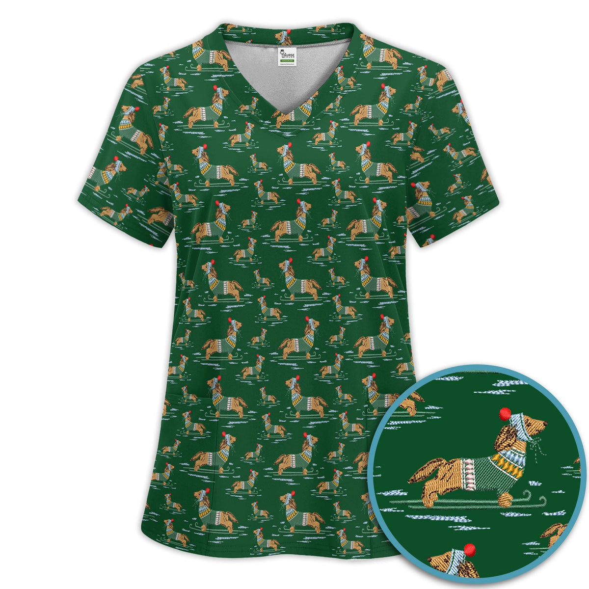 Dachshund Nurse Scrub Set, Wiener Dog Winter Pattern Shirt, Breathable Fabrics Nursing Uniform