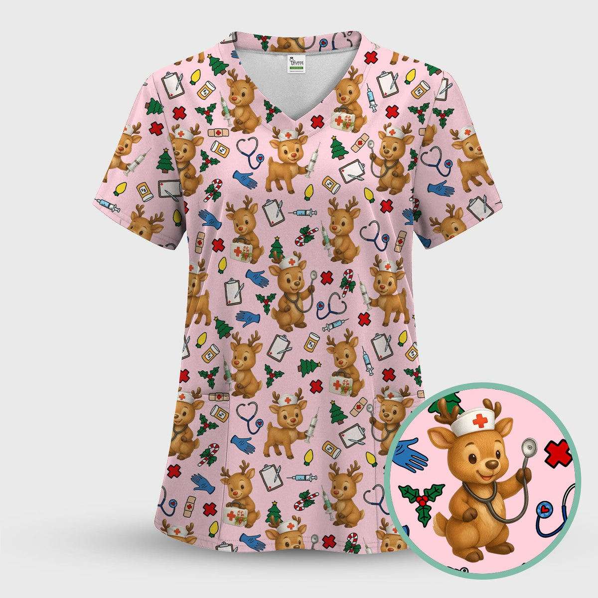 Christmas Scrub Tops and Pants - Reindeer Pattern Nurse Scrub Set - Cute Holiday Medical Print Scrubs for Women RN LPN CNA