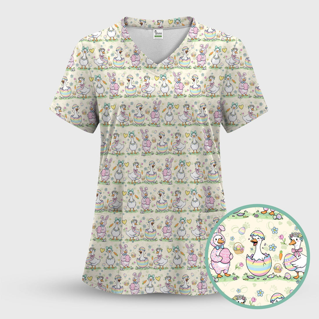 Pastel Easter Goose Bunny Egg Pattern Scrub Top, Comfortable Scrubs for Nurses