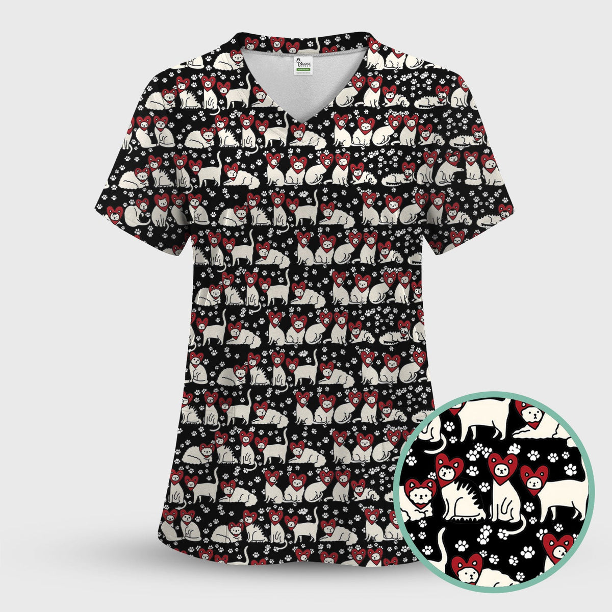 Cute Cat Heart Pattern Scrub Top, Funny Cat Scrub Shirt For Nurses, Breathable Fabrics Nursing Uniform