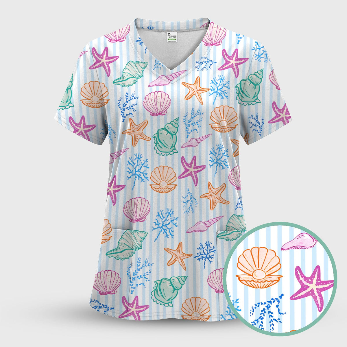 Colorful Seashell Starfish Ocean Stripe Nurse Scrub Top