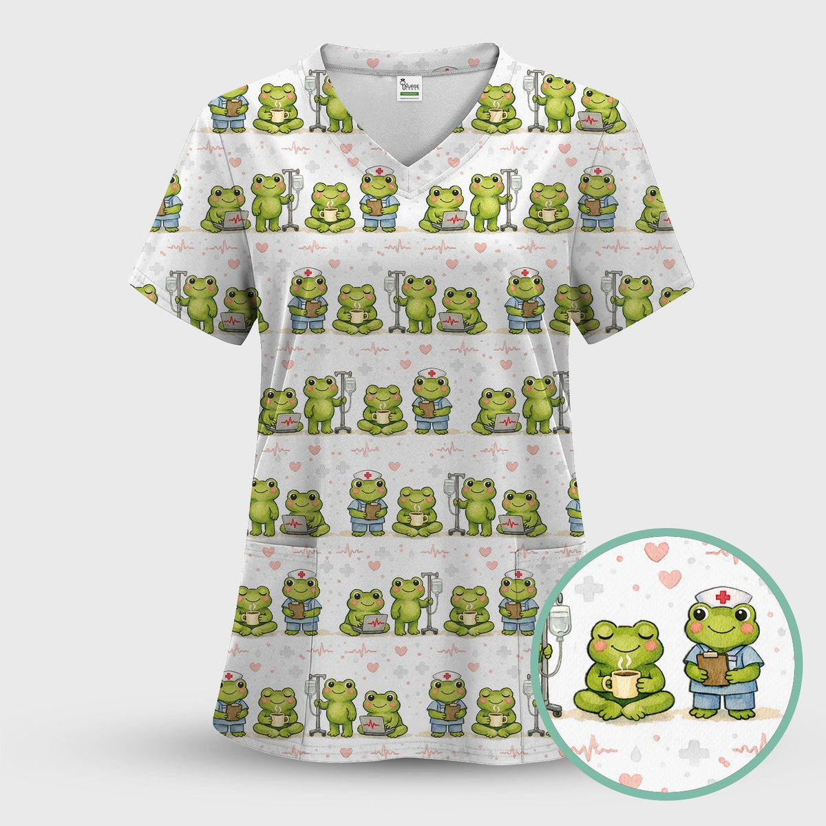Adorable Frog Nurse Various Poses Print Scrub Top, Comfortable Scrubs for Nurses