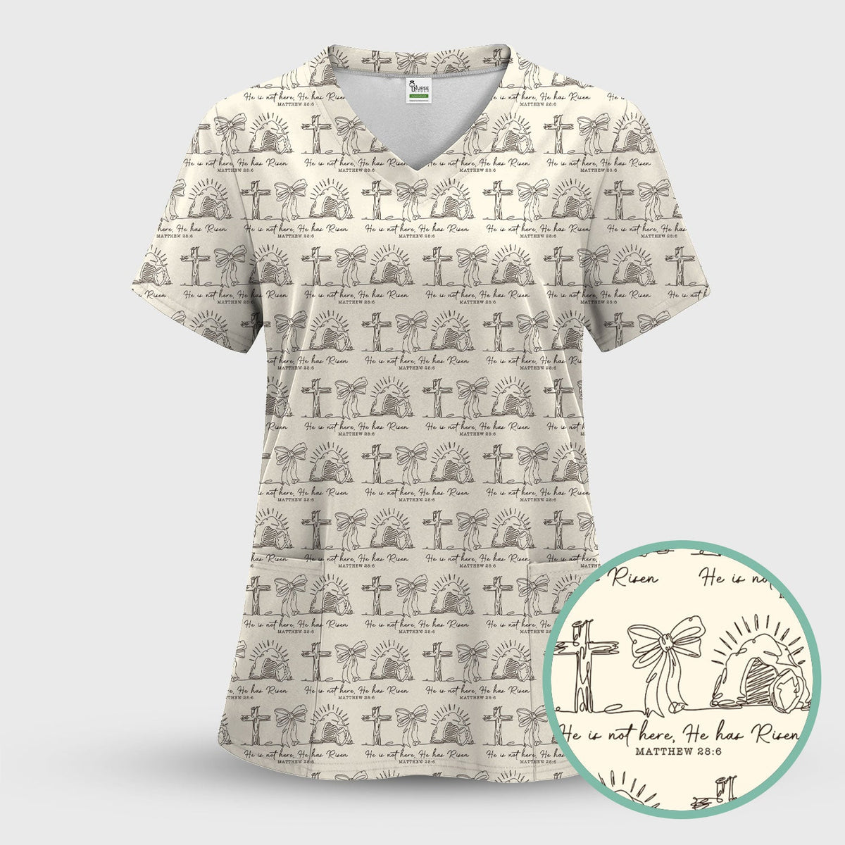 Christian Cross He Is Risen Pattern Scrubs Top, Comfortable Scrubs for Nurses