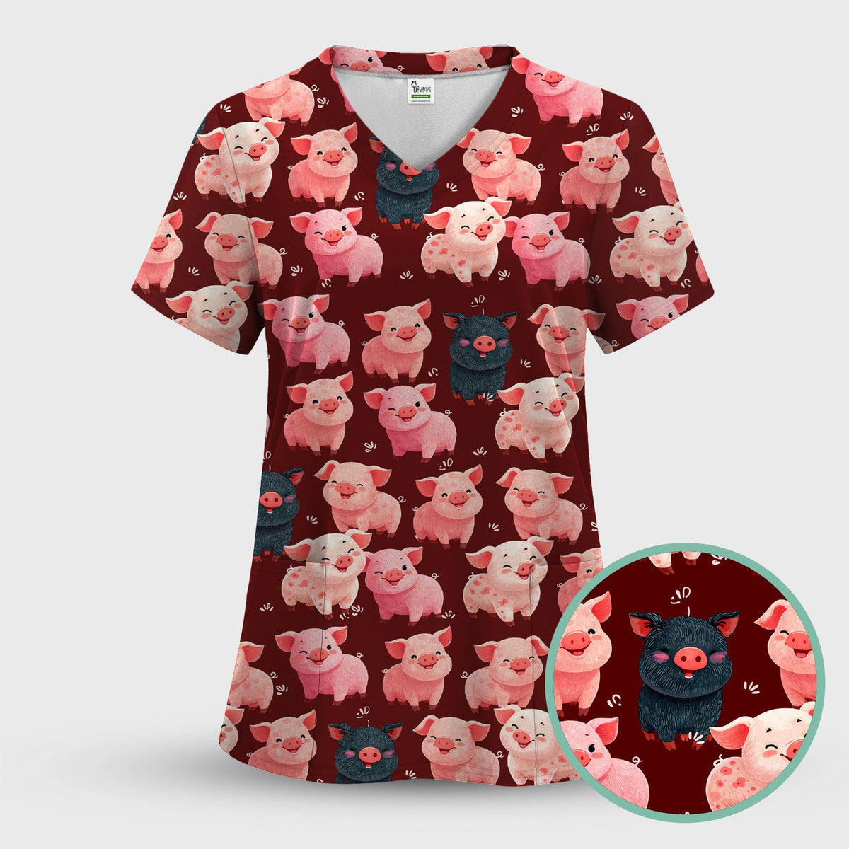 Funny Farm Pig Cartoon Pattern Scrub Top, Comfortable Scrubs for Nurses