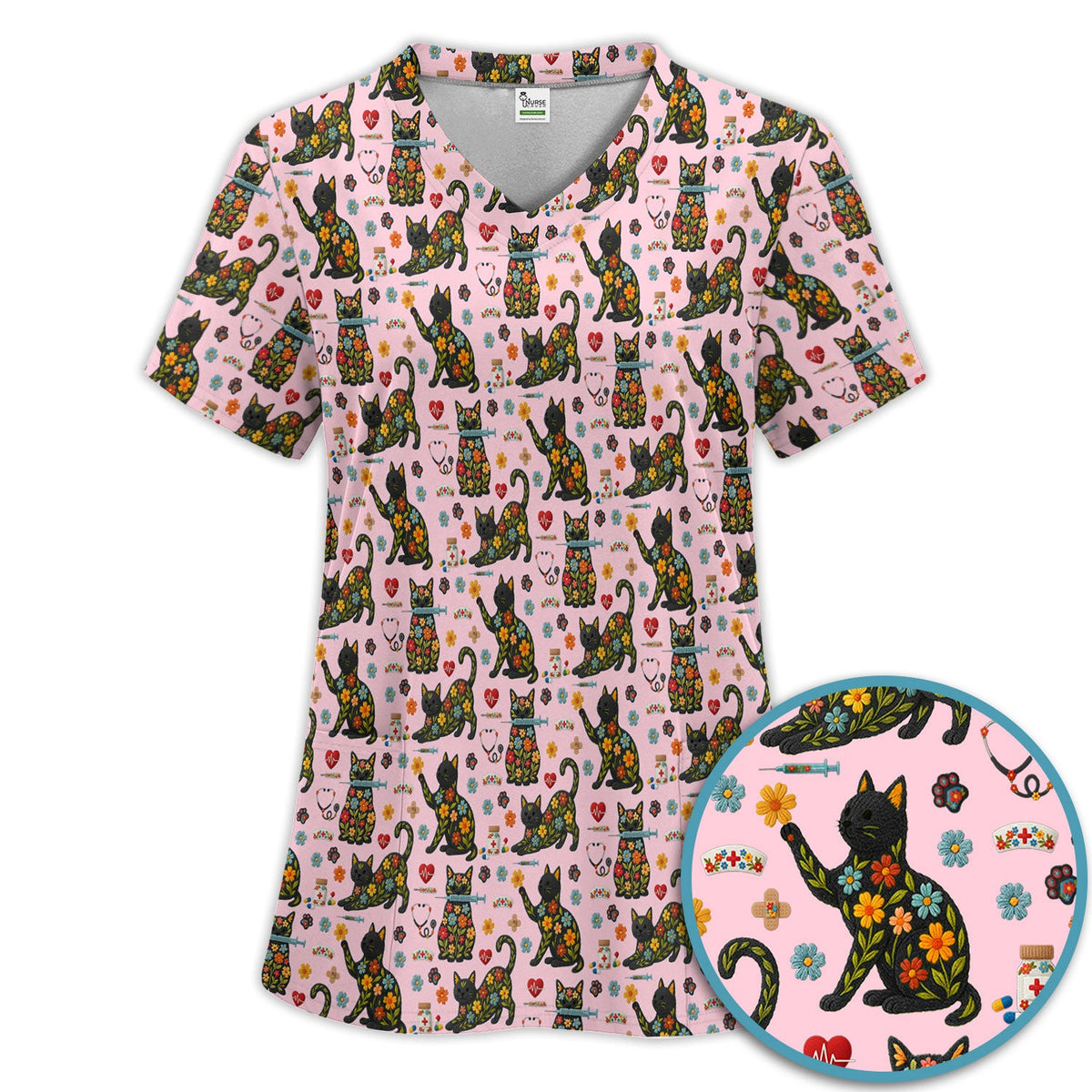 Floral Black Cat Nurse Scrub Set