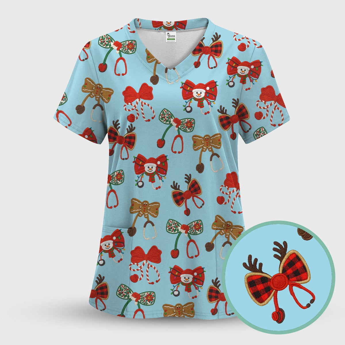 Christmas Stethoscope Bow Nurse Scrub Set