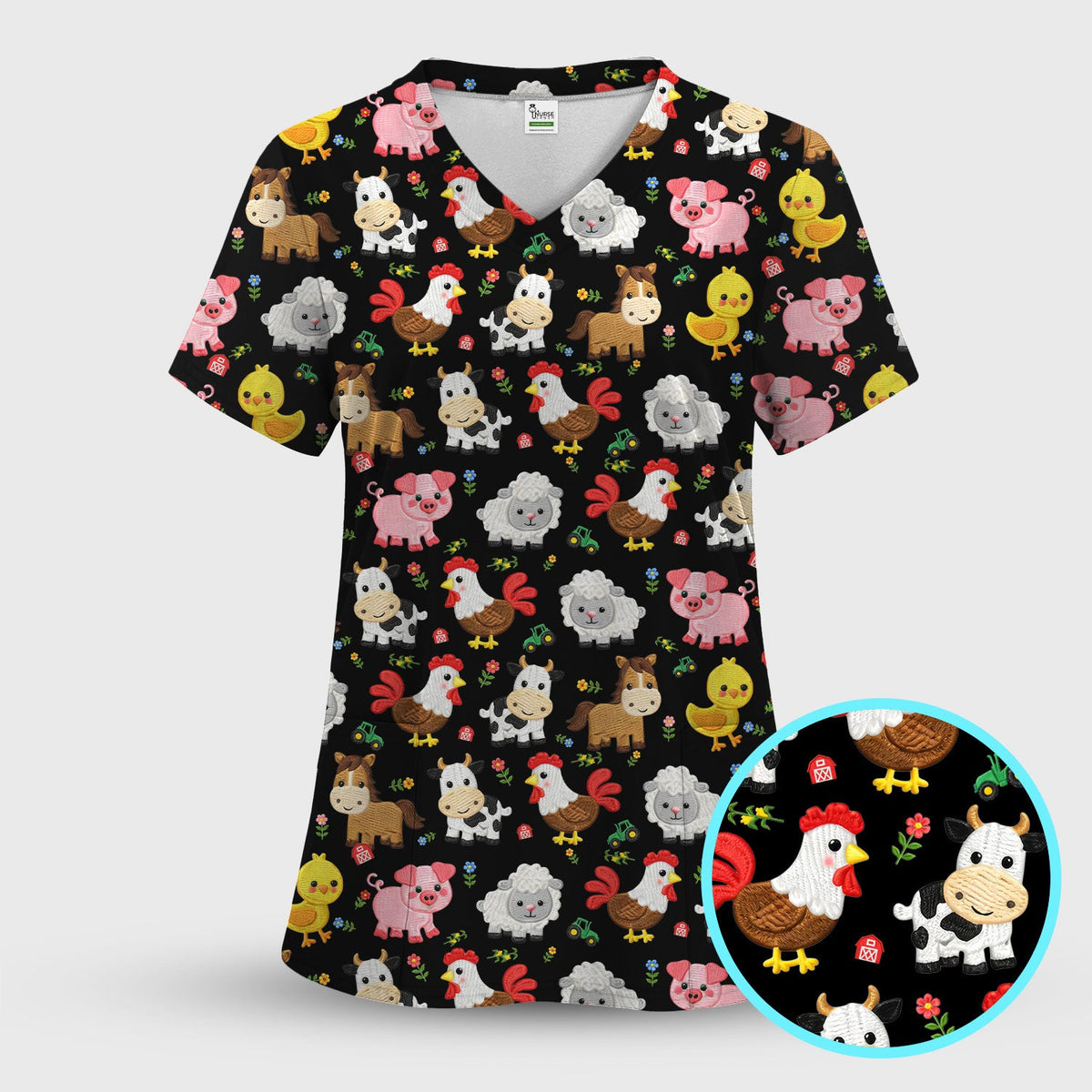 Cartoon Farm Animal Nurse Scrub Set