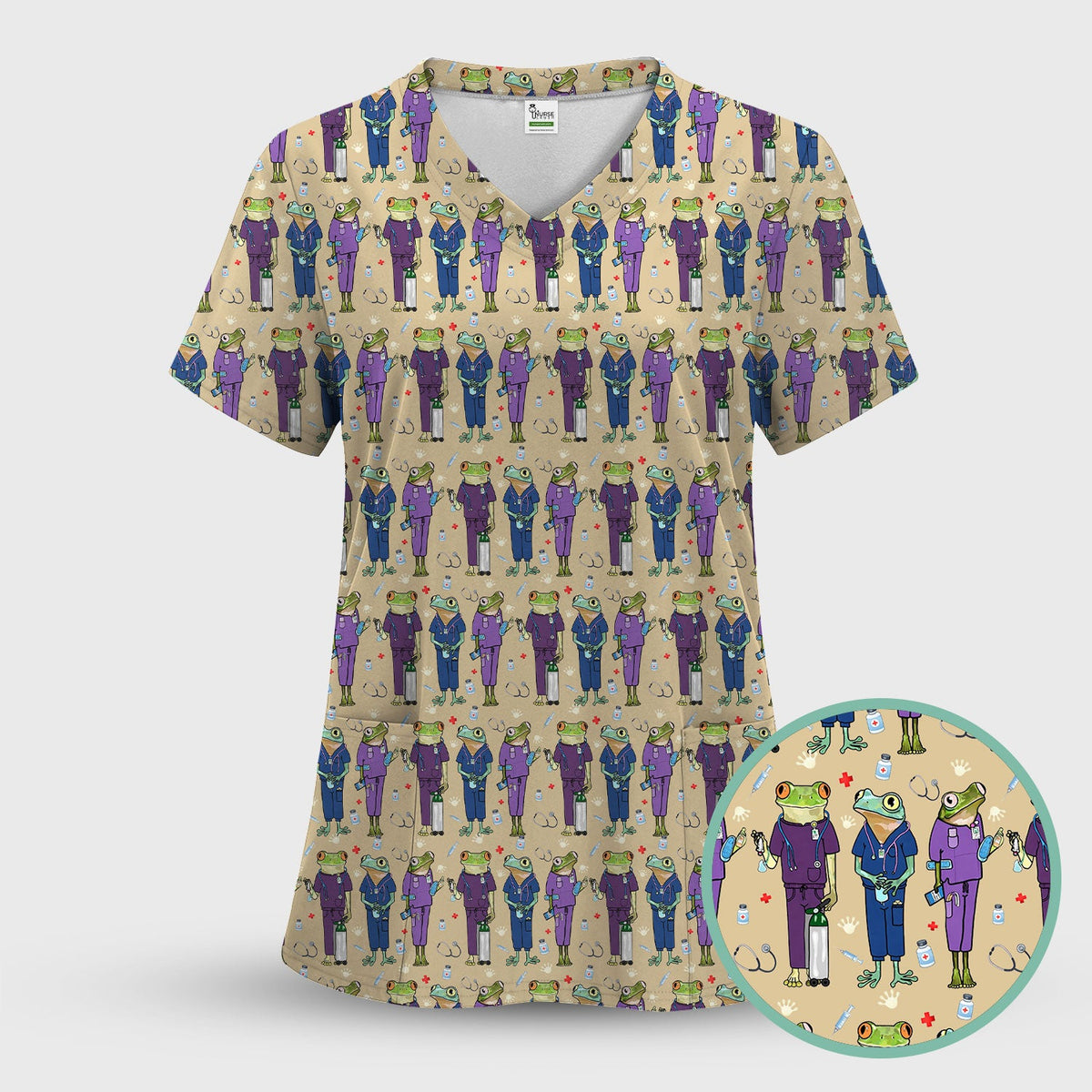 Frog Print Nurse Scrub Top