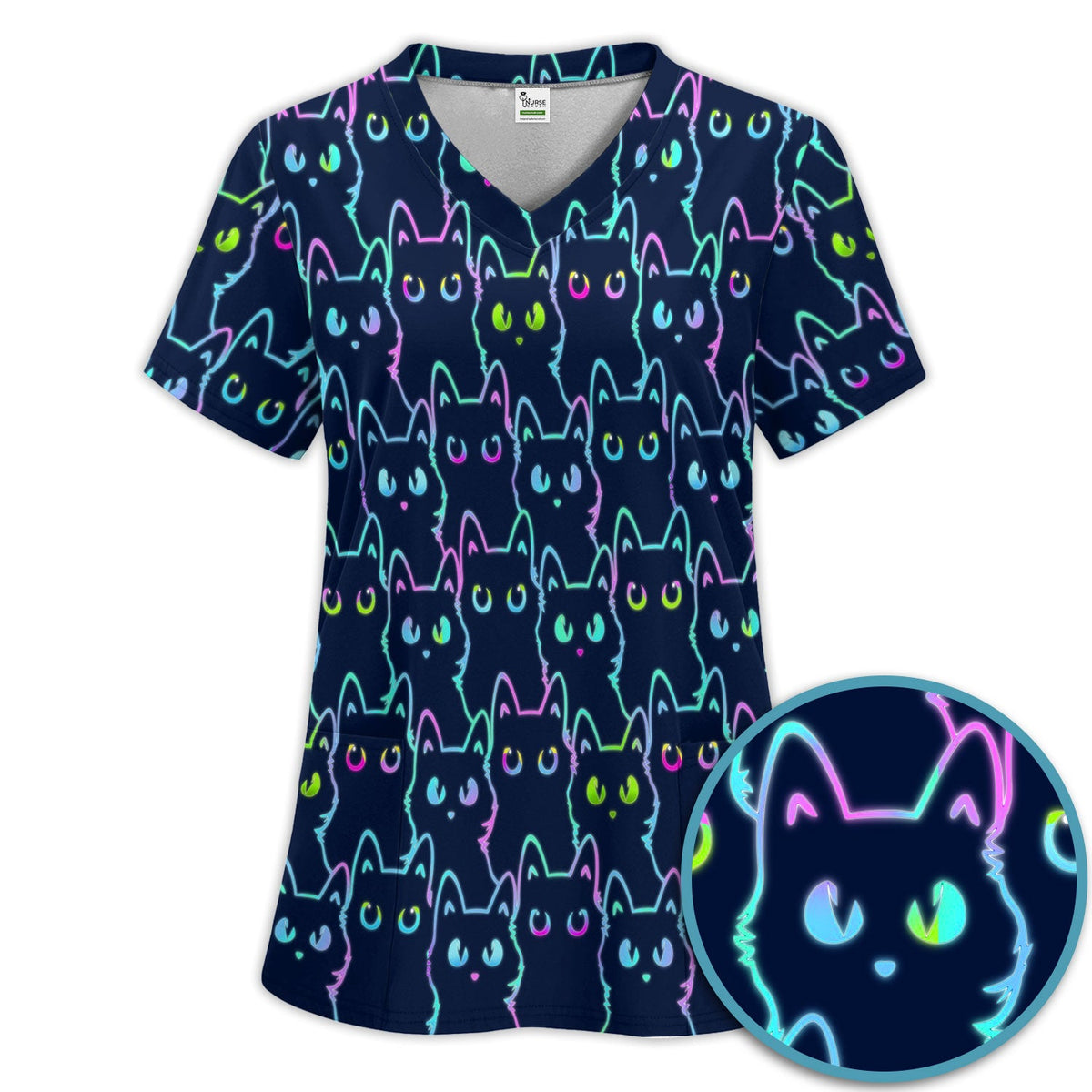 Neon Cat Pattern Scrub Set, Black Cat Scrub Shirt, Breathable Fabrics Nursing Uniform