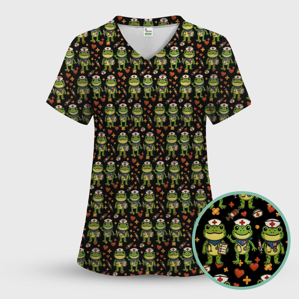 Frog Pattern Scrub Top, Cute Frog Scrub Shirt, Breathable Fabrics Nursing Uniform