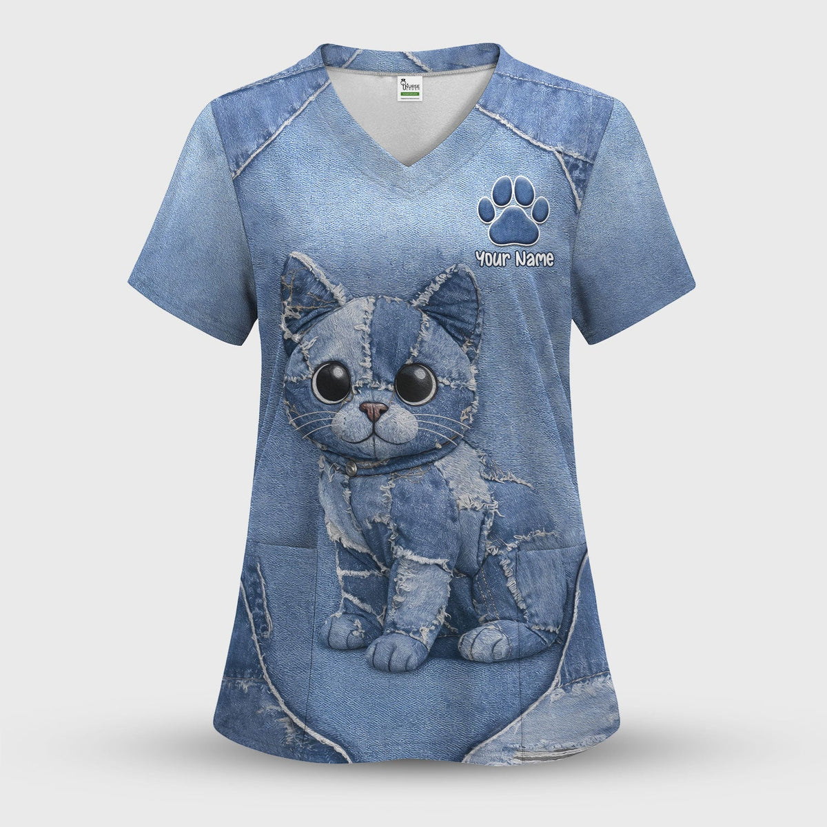 Personalized Patchwork Denim Cat Nurse Scrub Top