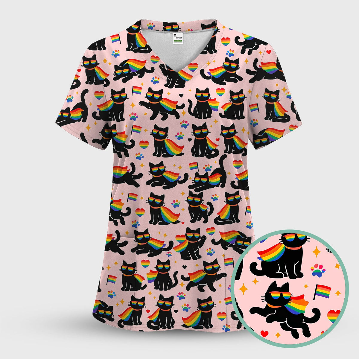 Rainbow Black Cat Pride Nurse Scrub Top