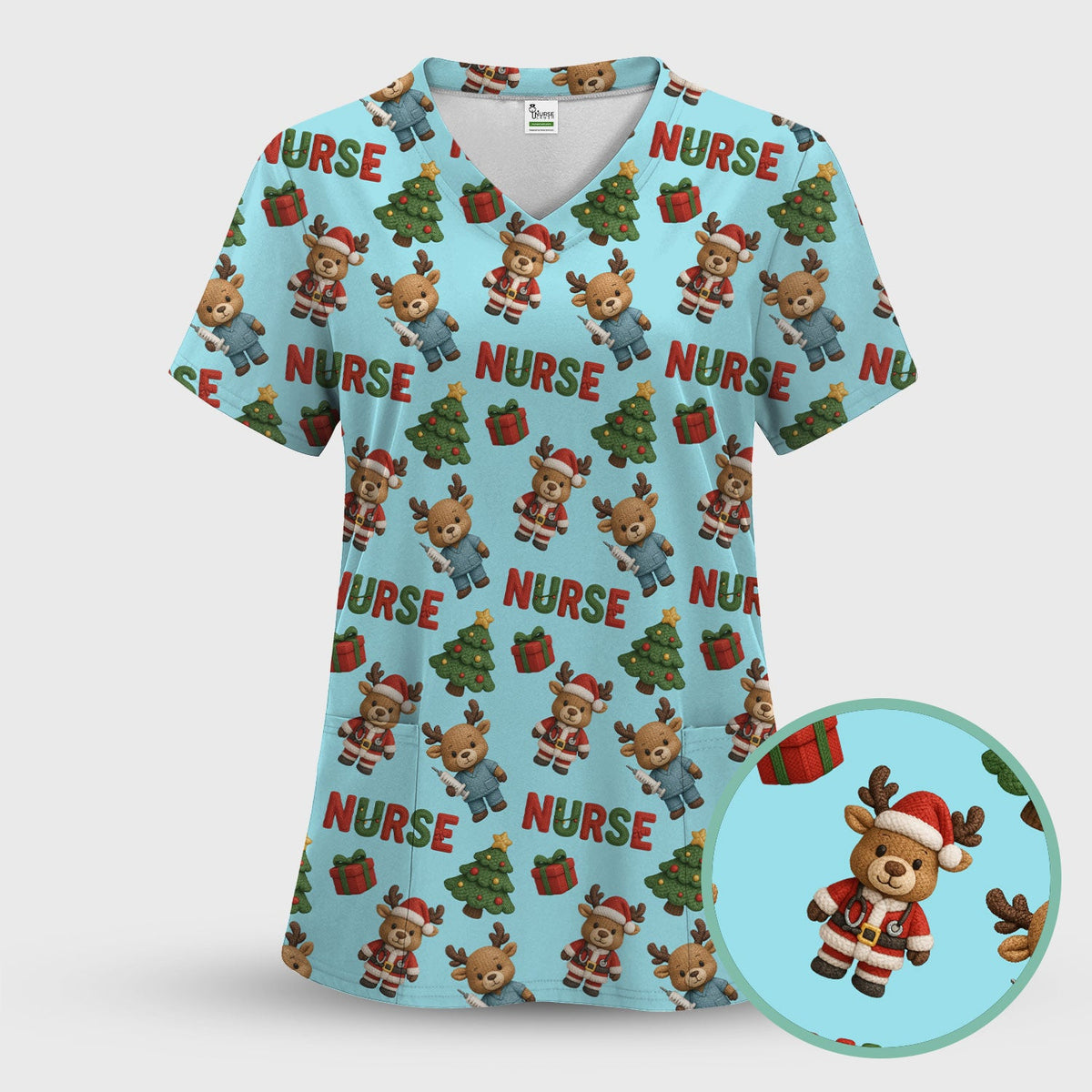 Reindeer Christmas Scrub Top, Cute Holiday Nurse Scrub Shirt, Festive Pattern Nursing Uniform