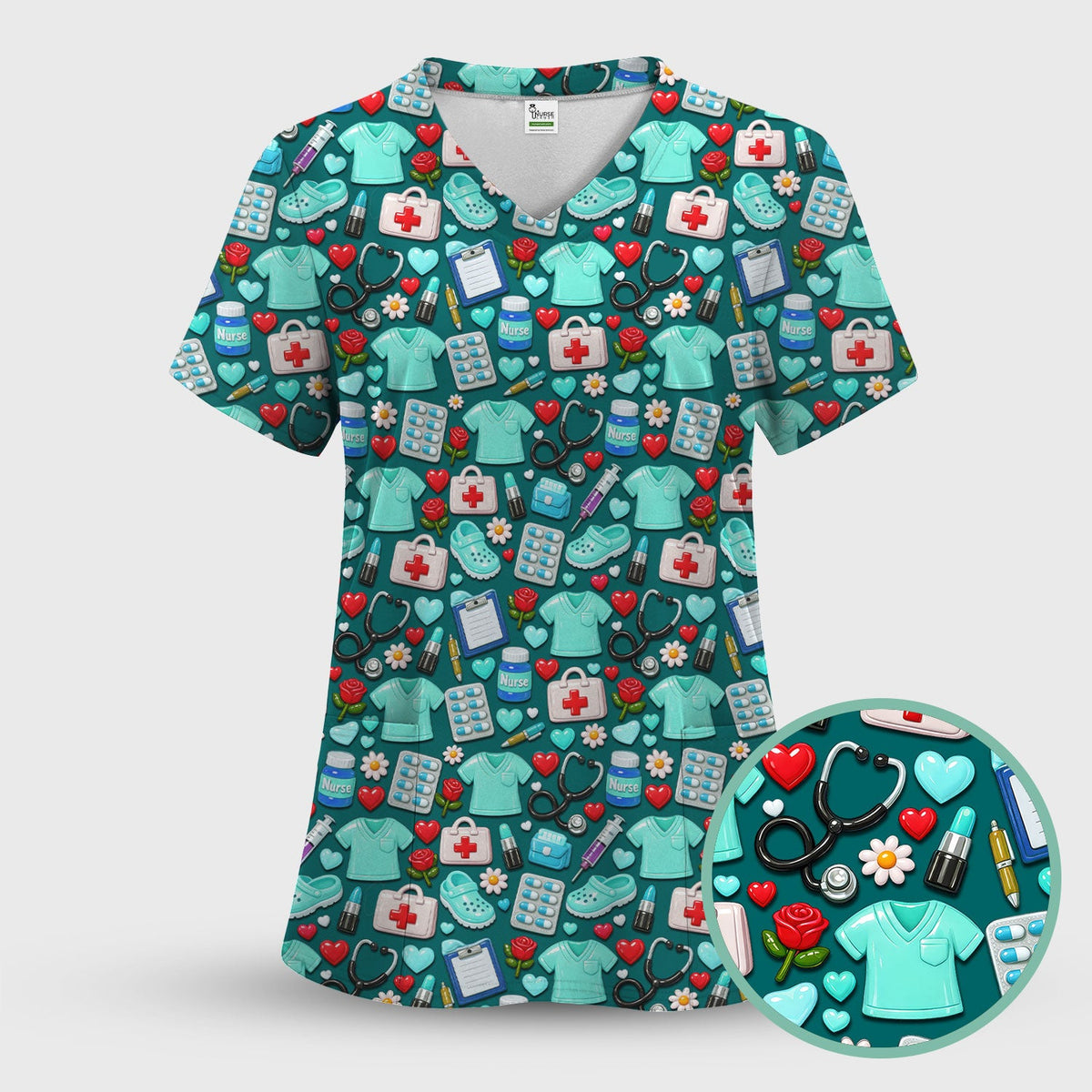 Medical Icons Scrub Set, Cute Pattern Nurse Shirt, Breathable Fabrics Nursing Uniform