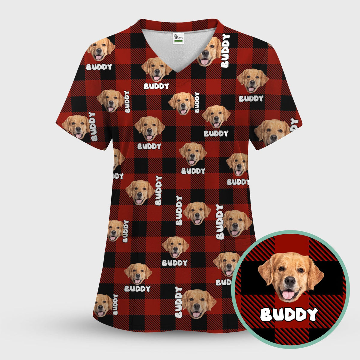 Custom Dog Face Scrub Top, Personalized Pet Photo Checkered Pattern Shirt, Custom Name Vet Tech Gift For Nursing