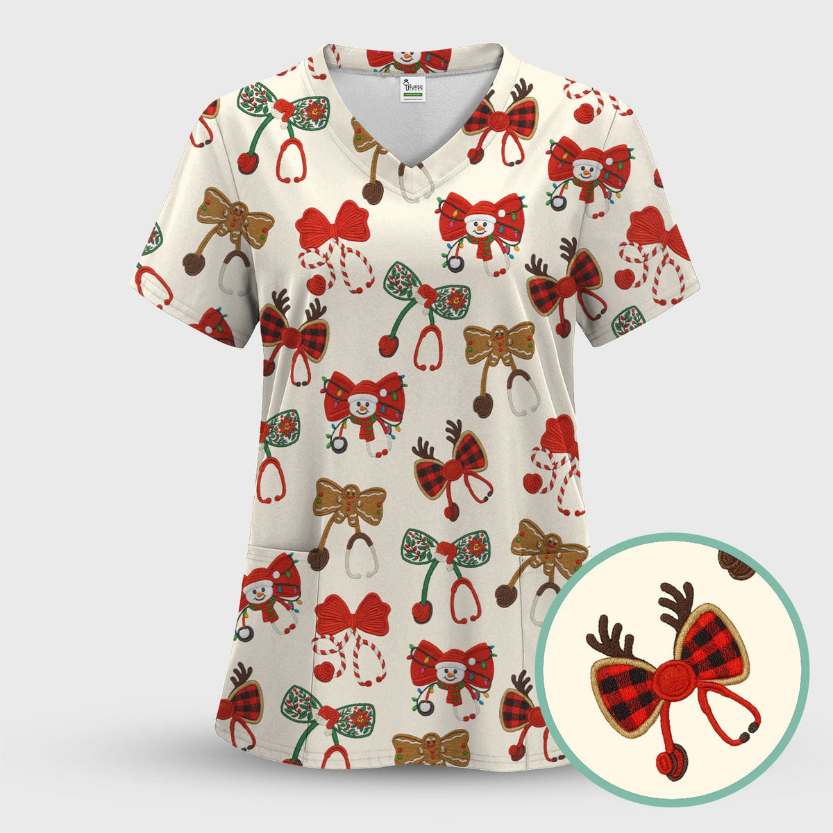 Christmas Stethoscope Bow Nurse Scrub Set
