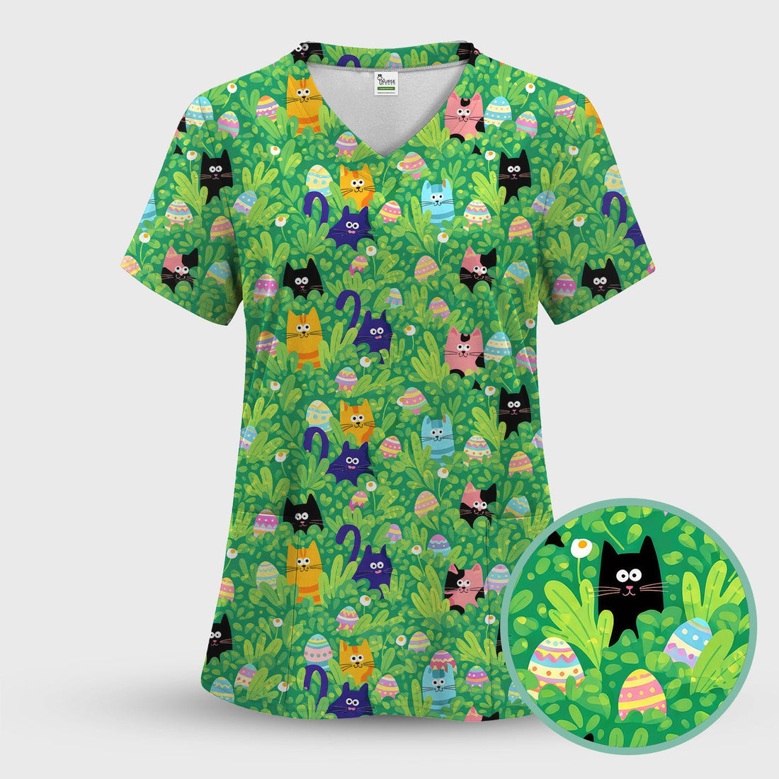 Colorful Easter Cats Green Leaves Print Scrub Top, Comfortable Scrubs for Nurses