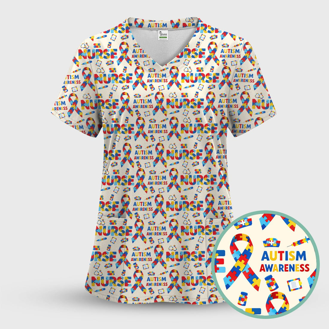 Autism Awareness Puzzle Ribbon Nurse Scrub Top