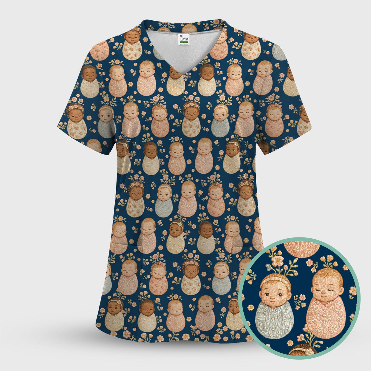 Sweet Newborn Baby Floral Print Women's Scrub Set, Breathable Med Uniform