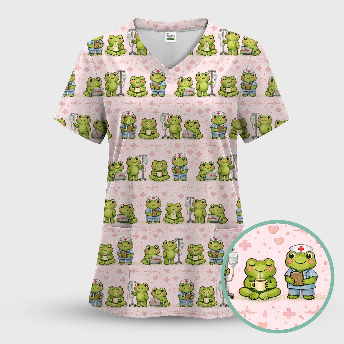 Adorable Frog Nurse Various Poses Print Scrub Top, Comfortable Scrubs for Nurses