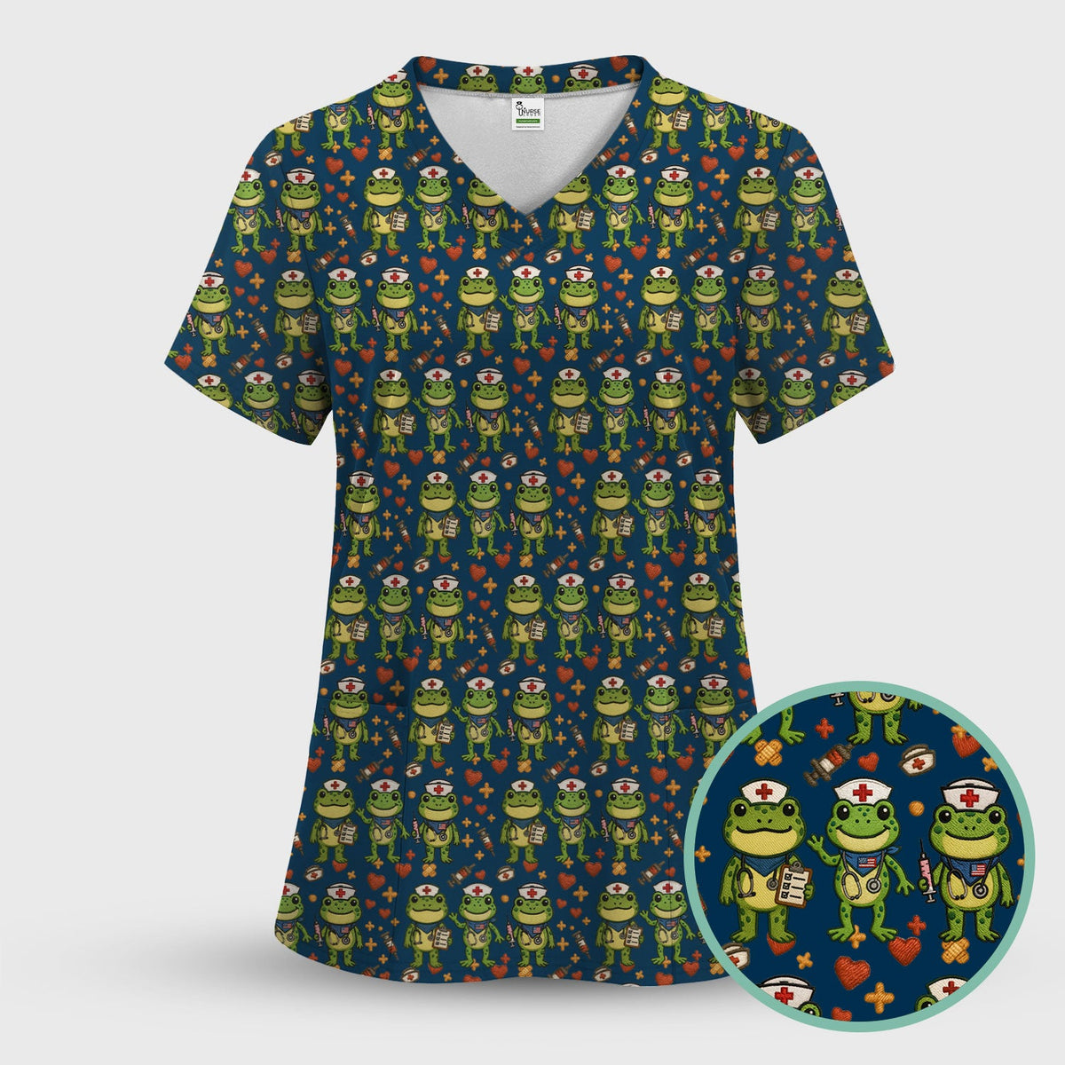 Frog Pattern Scrub Top, Cute Frog Scrub Shirt, Breathable Fabrics Nursing Uniform
