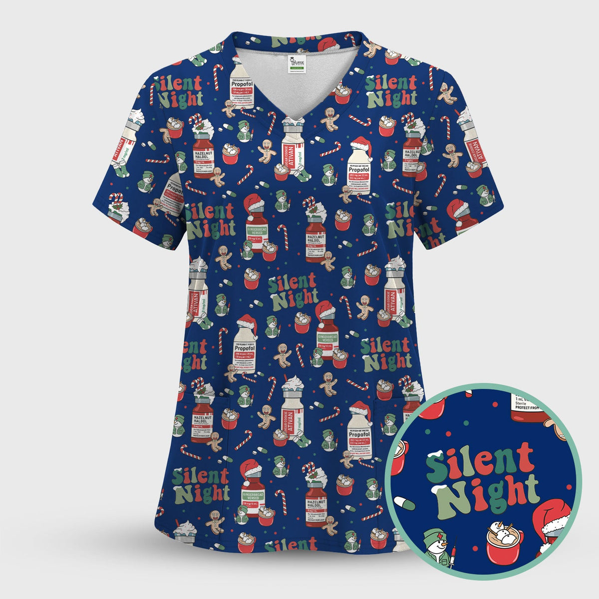 Christmas Medicine Scrub Set for Nurses - Silent Night Propofol Print Scrubs Pants and Top - Funny Holiday Medical Scrub Gift for Women RN CNA LPN