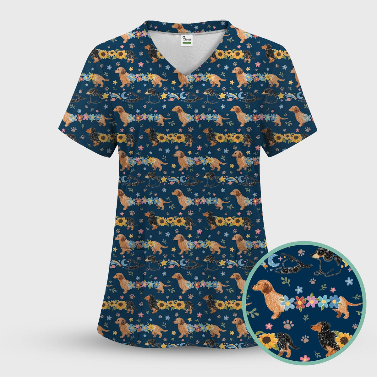 Floral Wiener Dog Nurse Scrub Top