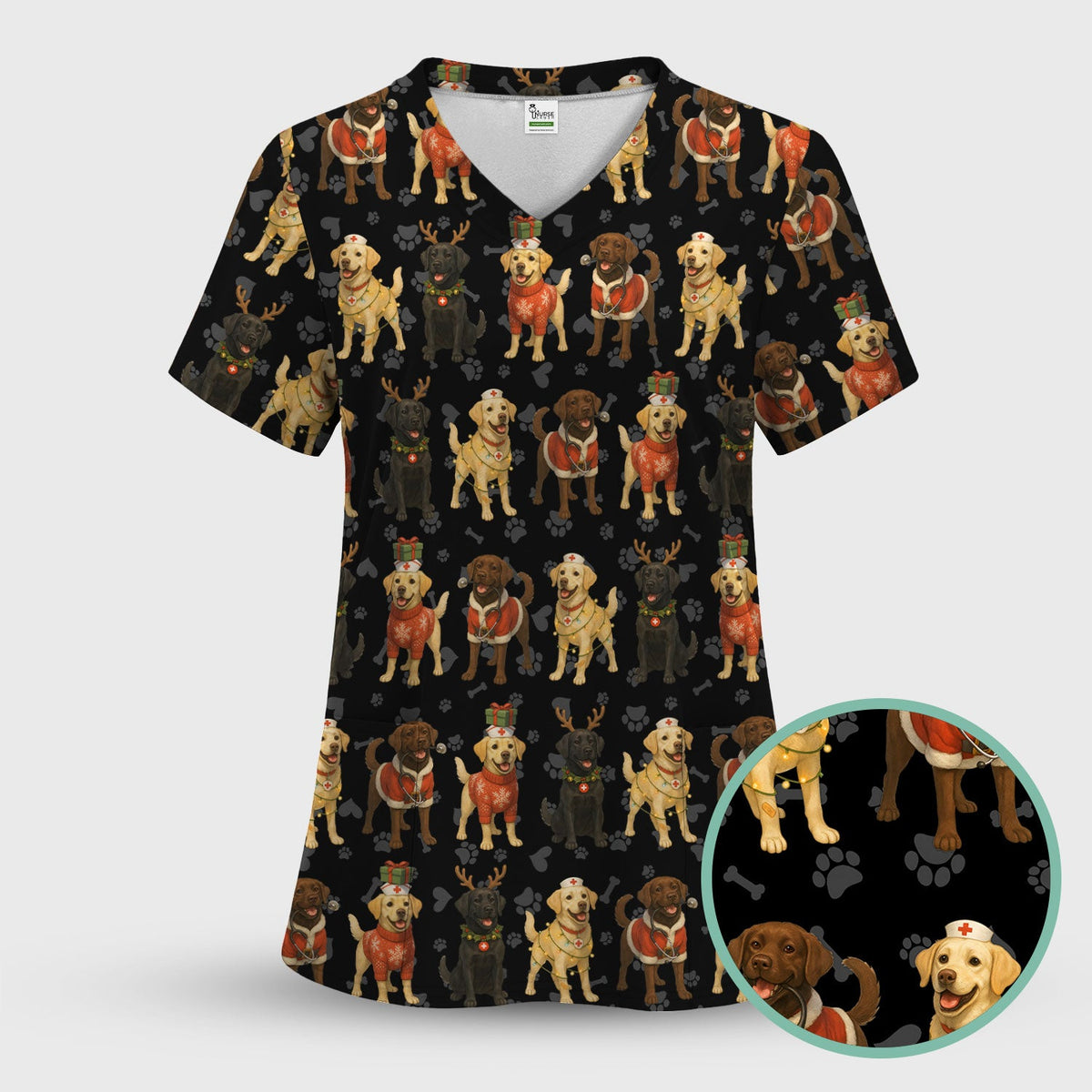 Christmas Scrubs with Labrador Dogs for Women - Cute Dog Scrubs Pattern Medical Top - Festive Holiday Labrador Scrubs for Nurses