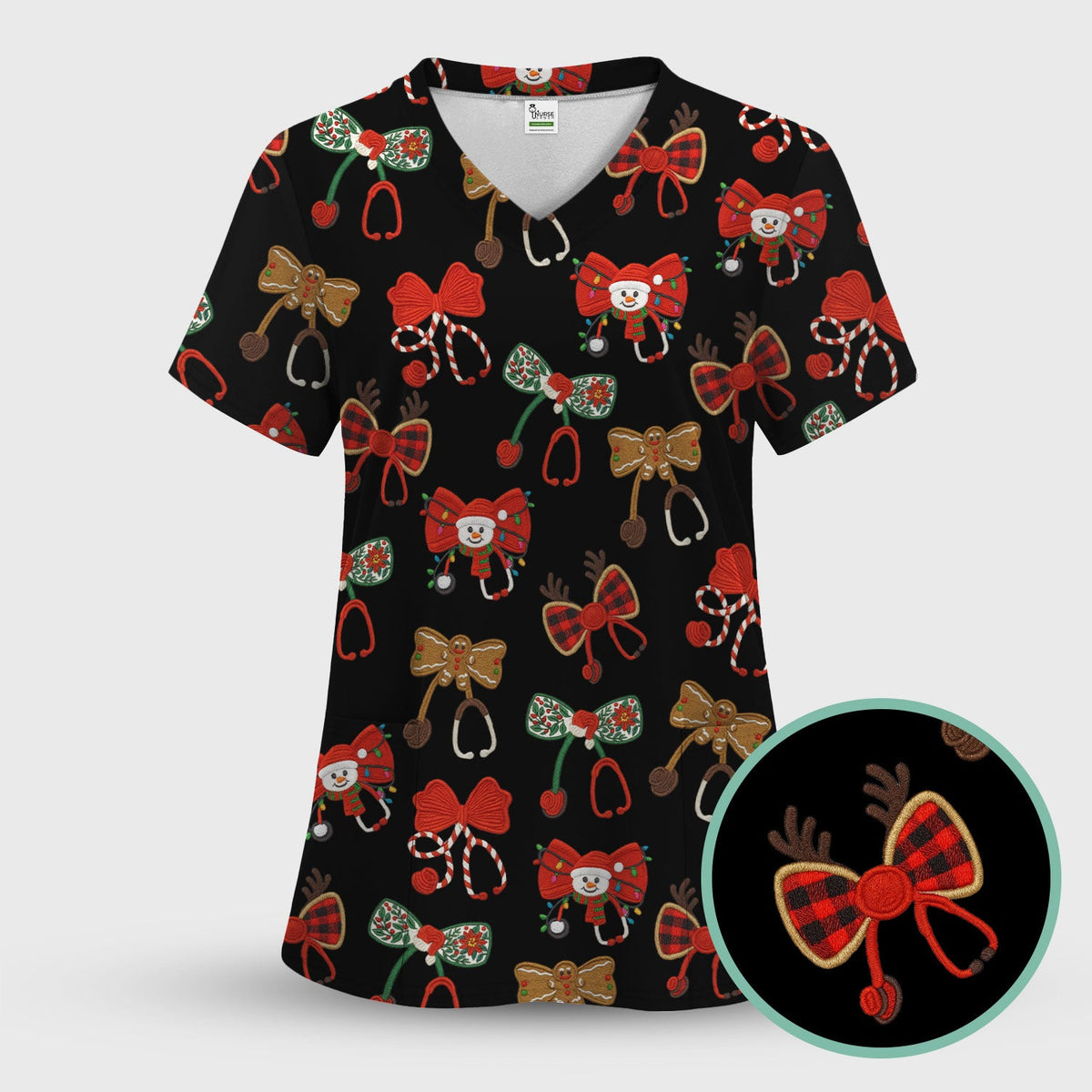 Christmas Stethoscope Bow Nurse Scrub Top
