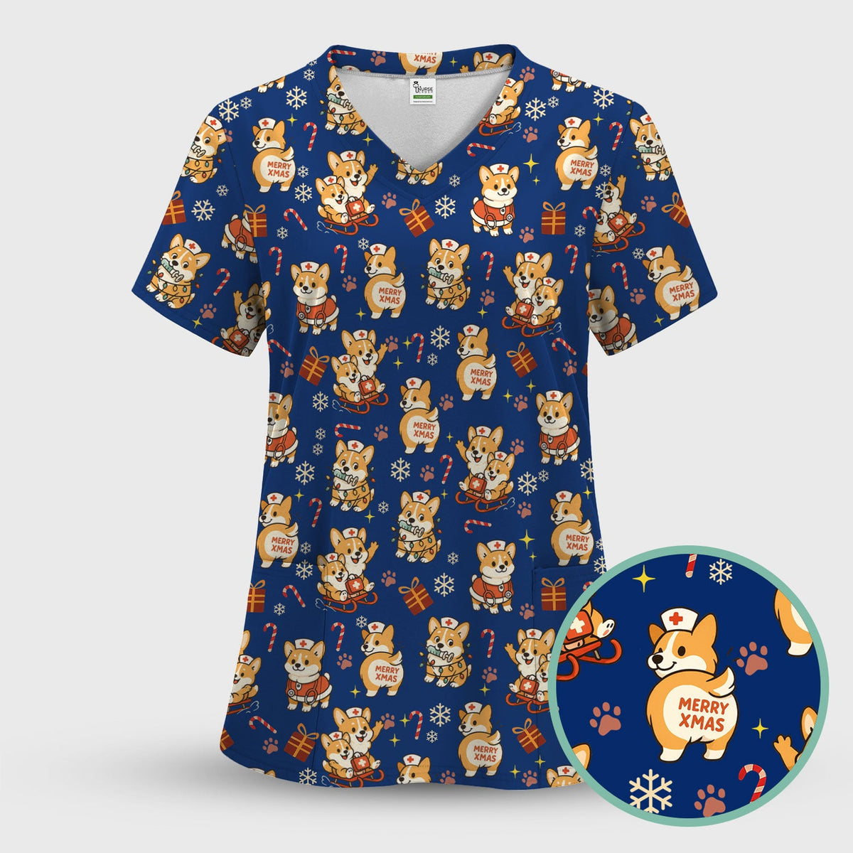 Cute Corgi Dog Scrubs for Christmas - Festive Puppy Pattern Medical Scrub Top - Holiday Christmas Scrubs with Charming Corgi Print