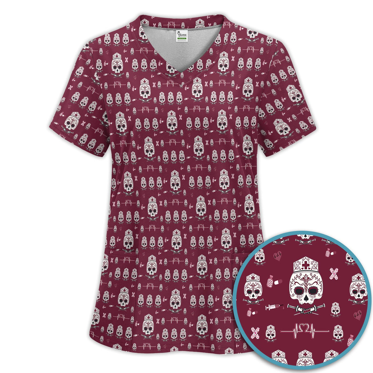 Sugar Skull Scrub Set, Skull Pattern Scrub Shirt, Breathable Fabrics Nursing Uniform