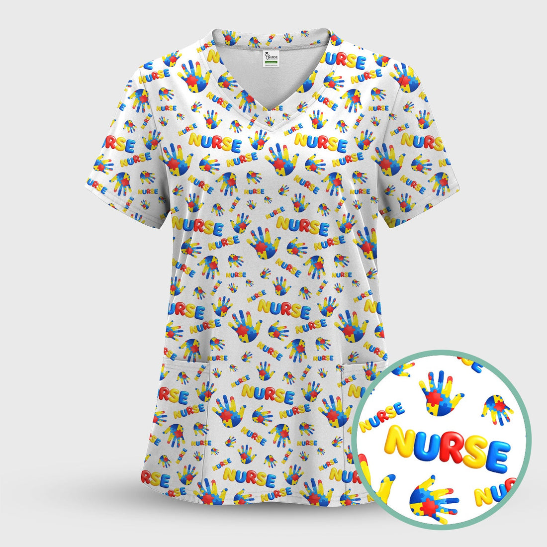 Colorful Autism Handprint Nurse Scrub Top