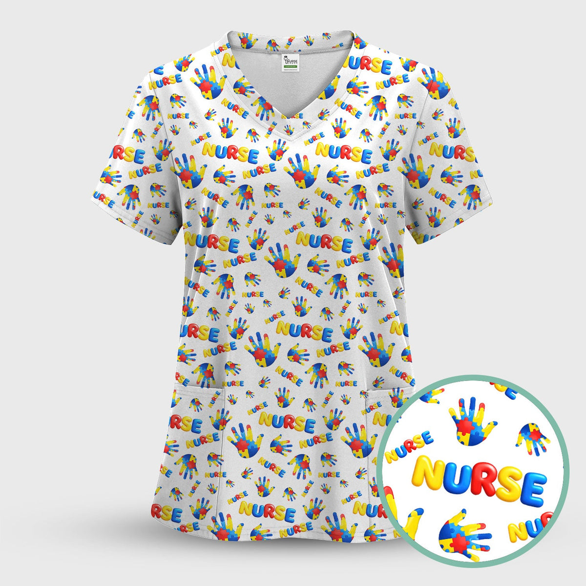 Colorful Autism Handprint Nurse Scrub Top
