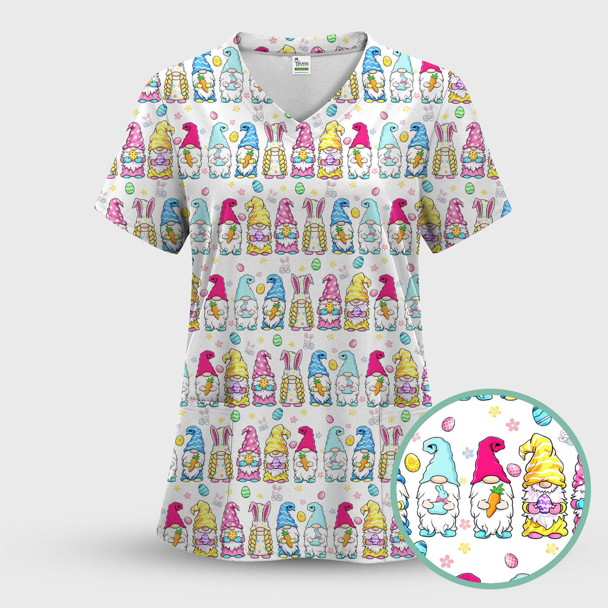 Colorful Easter Gnome Bunny Eggs Nurse Scrub Set