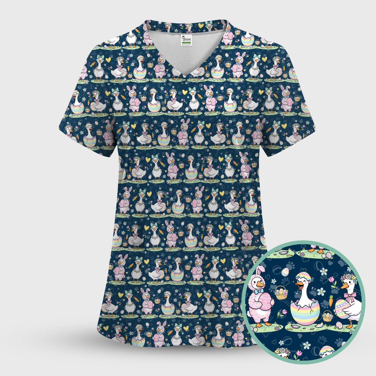 Pastel Easter Goose Bunny Egg Pattern Scrub Top, Comfortable Scrubs for Nurses