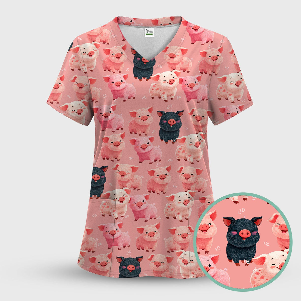Funny Farm Pig Cartoon Pattern Scrub Set, Nurse Uniform Scrubs Set